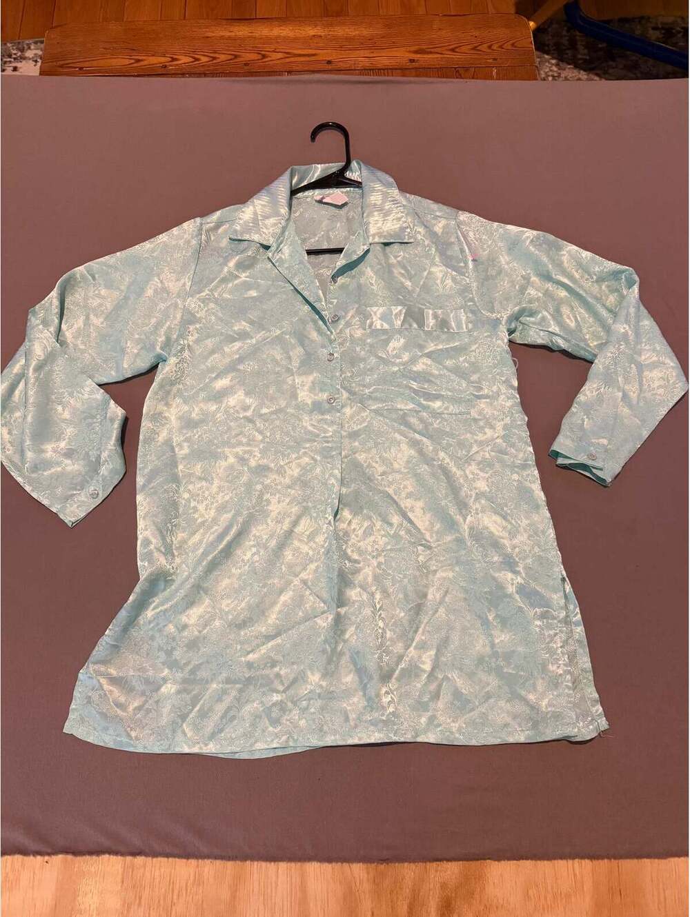 Vintage Jayre California Aqua Satin Jacquard Long Sleeve Blouse – Size S